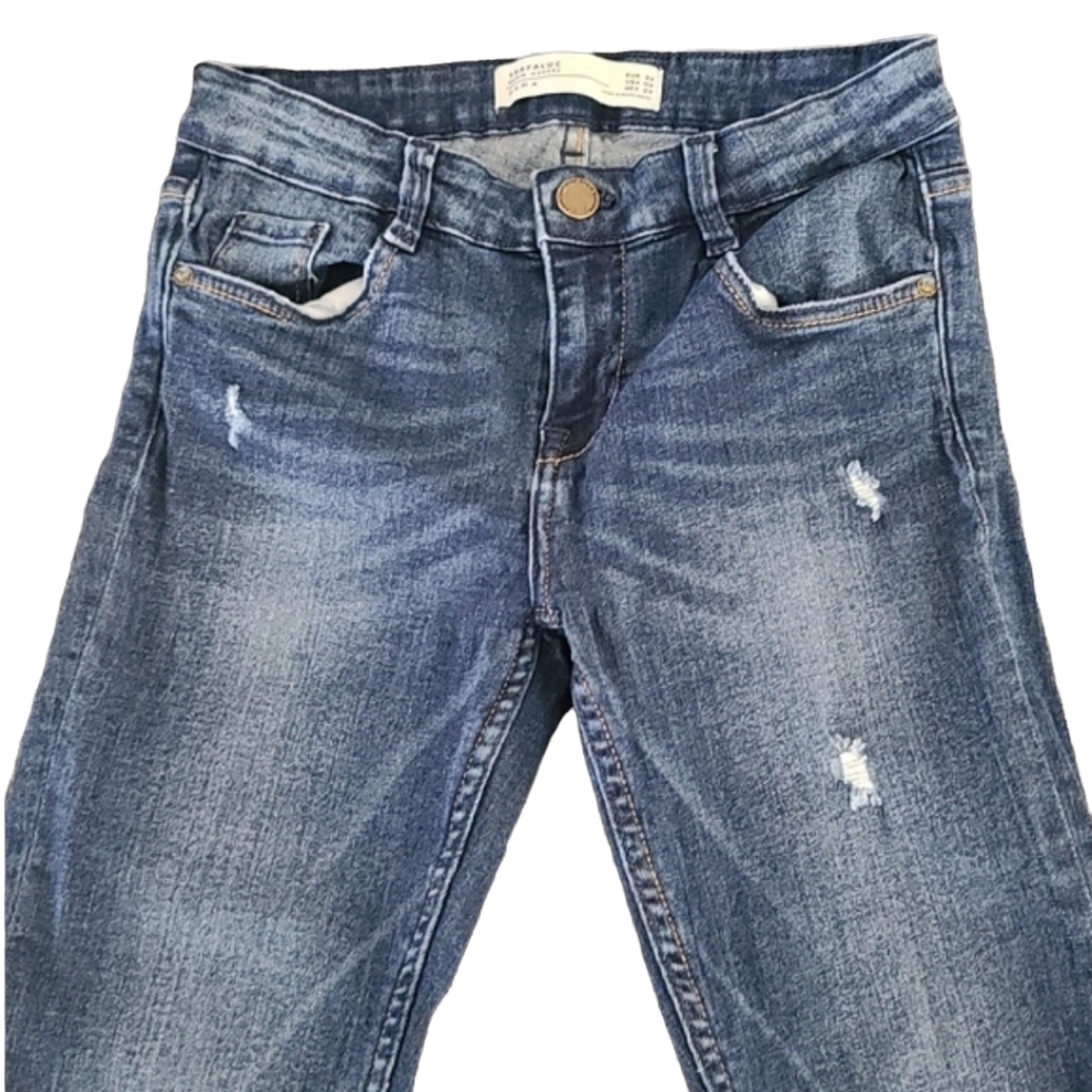 ZARA Trafaluc Distressed Skinny Jeans XS 2 Dark Wash Stretch Ripped Denim Y2K - Picture 14 of 16